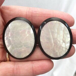 Vintage Cracked Mother of Pearl Big Oval Statement Earrings
